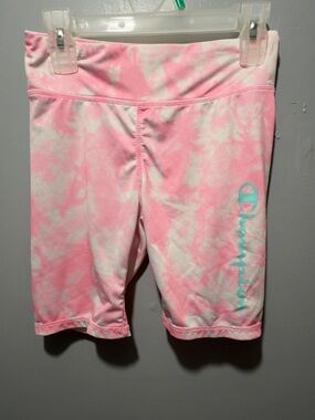 Champion Pink and White Tie-Dye Bike Shorts with Turquoise Logo